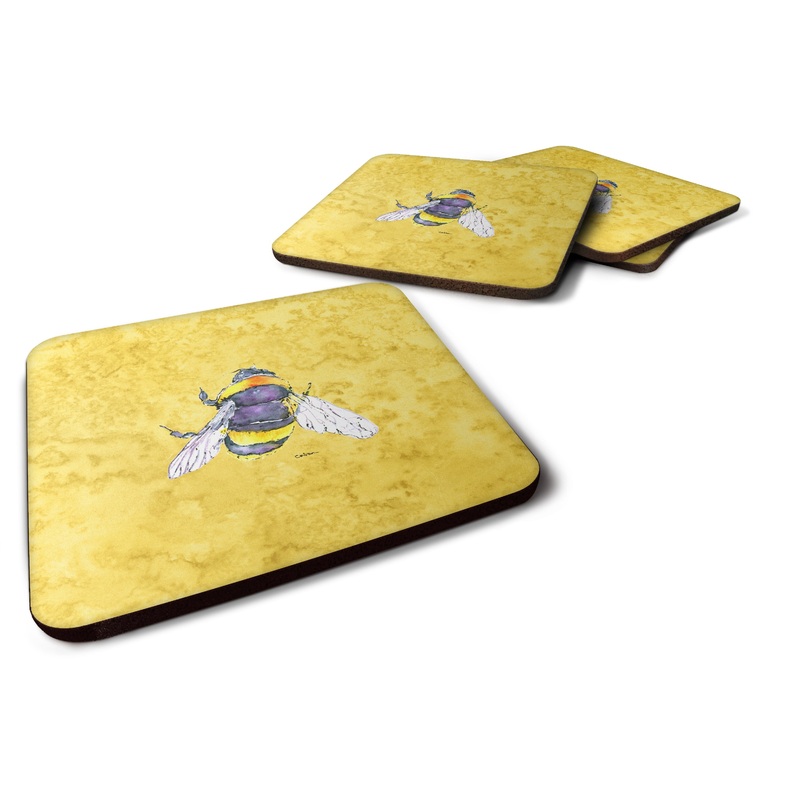 Bee on Yellow Coasters - Set of 4 Lightweight Foam, Absorbent Drink Coasters