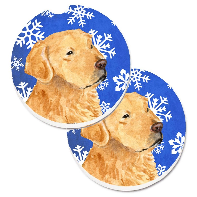 Golden Retriever Winter Snowflakes Holiday Car Coasters  Set of 2 - Absorbent Stone with Fun & Functional Artwork SS4614CARC