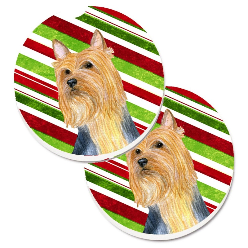 Silky Terrier Candy Cane Holiday Christmas Car Coasters  Set of 2 - Absorbent Stone with Fun & Functional Artwork LH9226CARC
