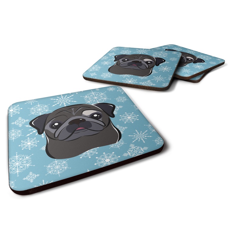 Snowflake Black Pug Coasters - Set of 4 Lightweight Foam, Absorbent Drink Coasters BB1697FC