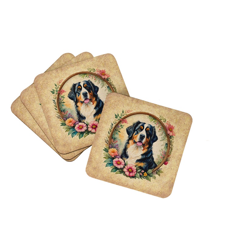 Bernese Mountain Dog and Flowers Coasters - Set of 4 Lightweight Foam, Absorbent Drink Coasters