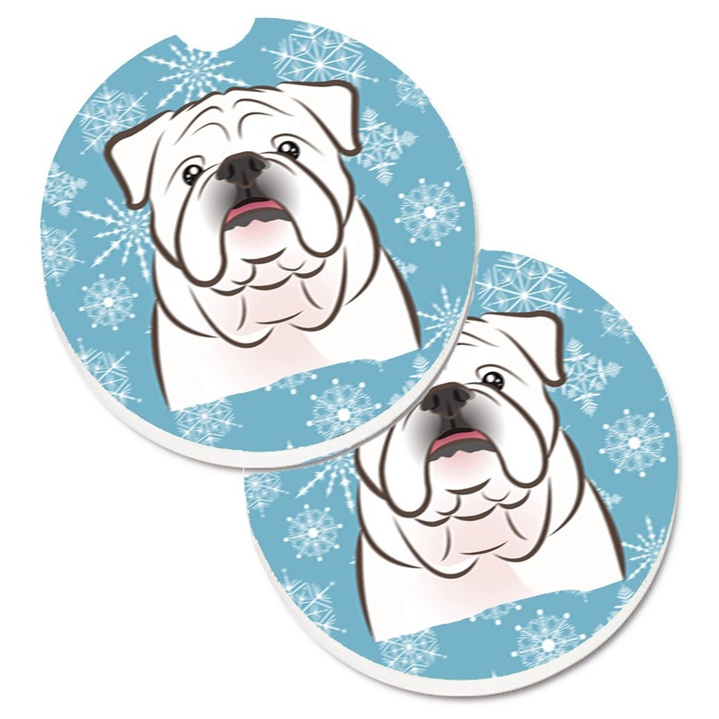 Snowflake White English Bulldog  Car Coasters  Set of 2 - Absorbent Stone with Fun & Functional Artwork BB1654CARC