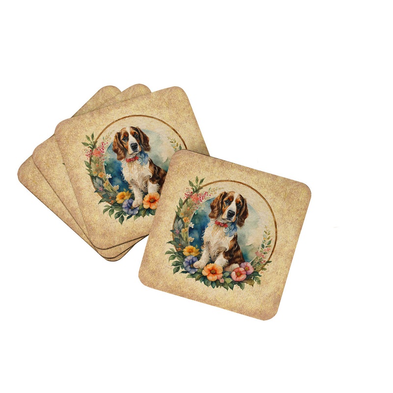 Welsh Springer Spaniel and Flowers Coasters - Set of 4 Lightweight Foam, Absorbent Drink Coasters