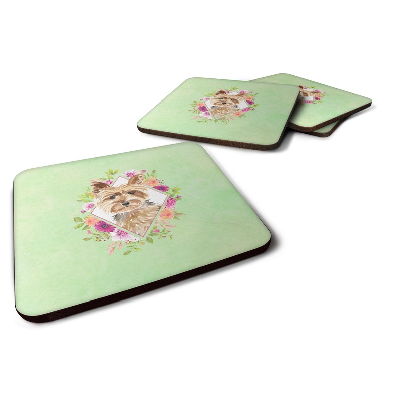 Yorkie Green Flowers Coasters - Set of 4 Lightweight Foam, Absorbent Drink Coasters  CK4357FC