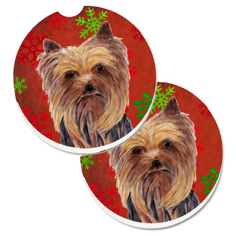 Yorkie Red and Green Snowflakes Holiday Christmas Car Coasters  Set of 2 - Absorbent Stone with Fun & Functional Artwork SC9405CARC