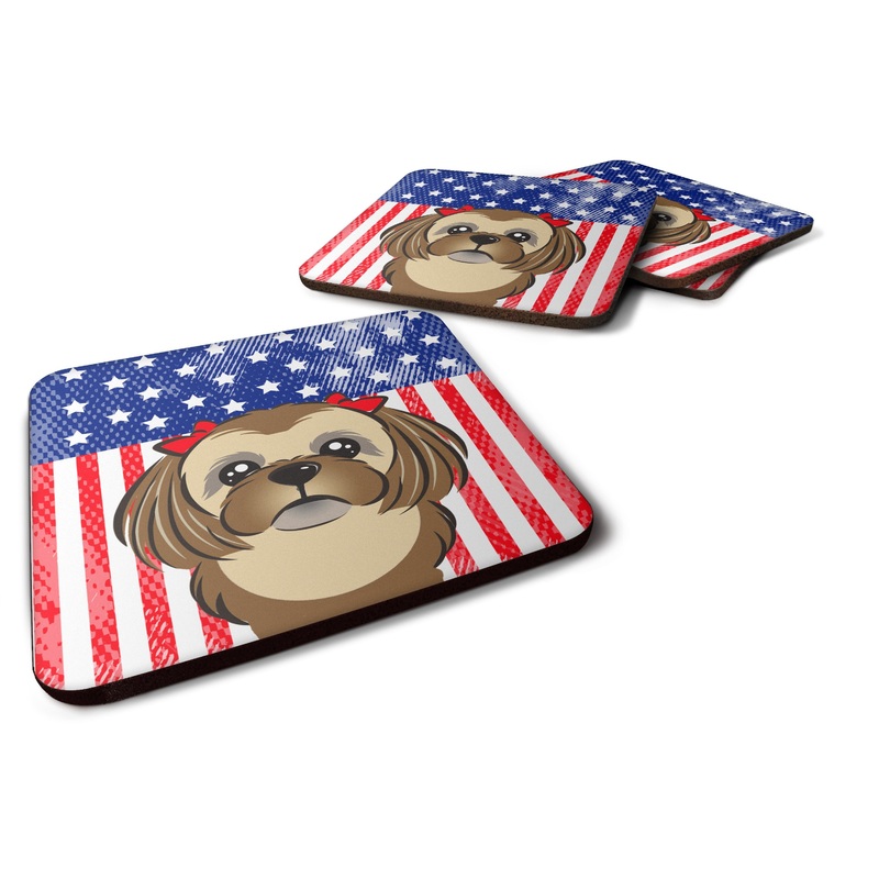 American Flag and Chocolate Brown Shih Tzu Foam Coaster