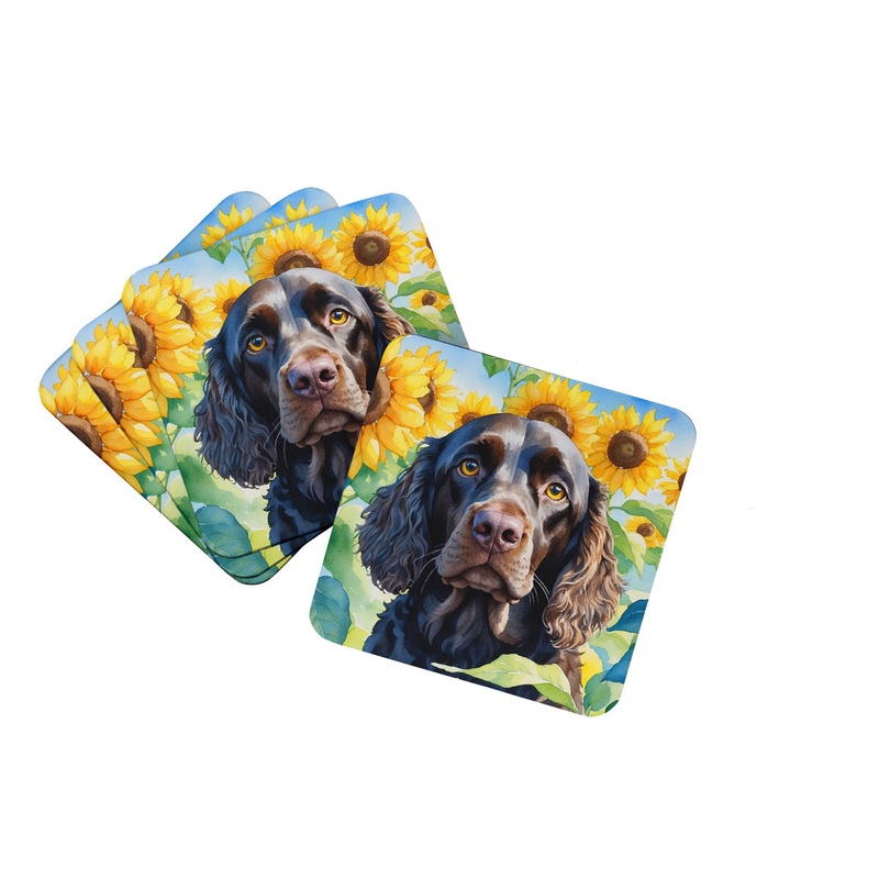 American Water Spaniel in Sunflowers Coasters - Set of 4 Lightweight Foam, Absorbent Drink Coasters