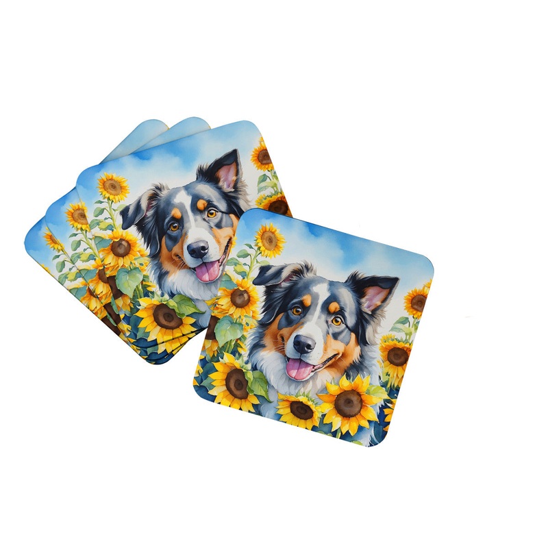 Australian Shepherd in Sunflowers Coasters - Set of 4 Lightweight Foam, Absorbent Drink Coasters
