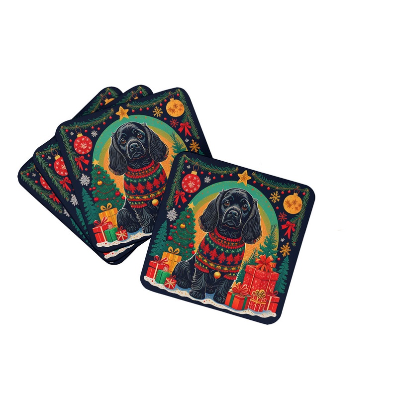 Black Cocker Spaniel Christmas Coasters - Set of 4 Lightweight Foam, Absorbent Drink Coasters