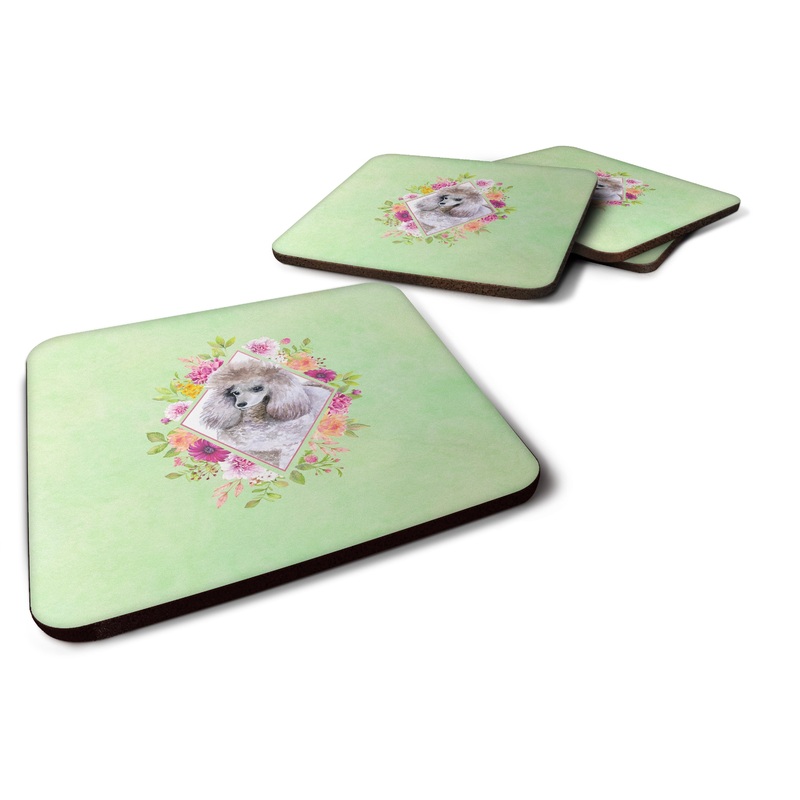 Standard Grey Poodle Green Flowers Coasters - Set of 4 Lightweight Foam, Absorbent Drink Coasters  CK4333FC