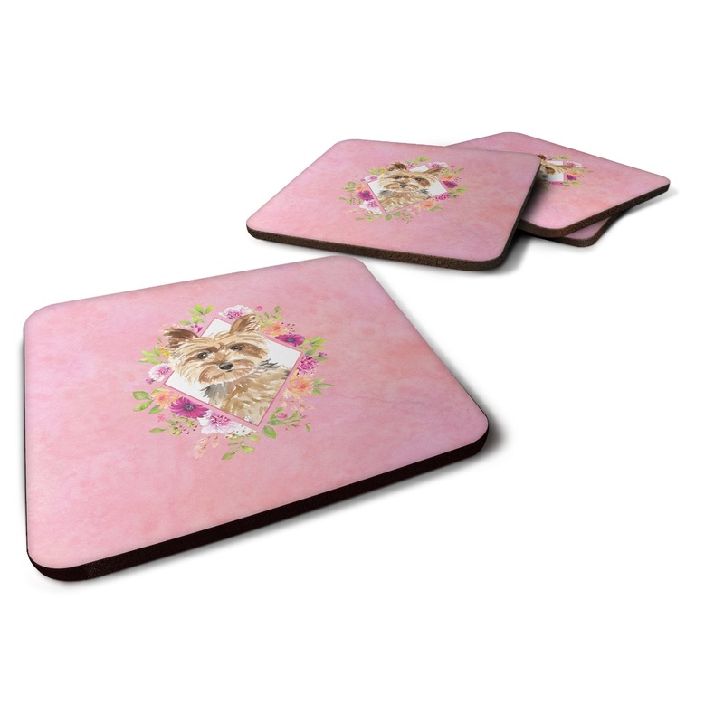 Yorkie Pink Flowers Coasters - Set of 4 Lightweight Foam, Absorbent Drink Coasters  CK4197FC