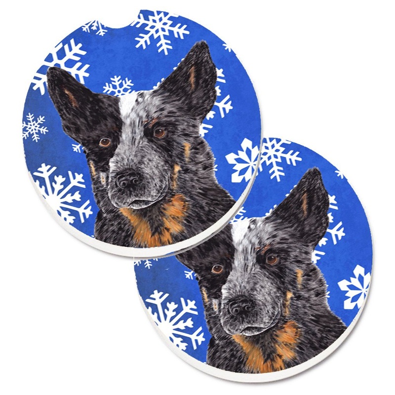 Australian Cattle Dog Winter Snowflakes Holiday Car Coasters  Set of 2 - Absorbent Stone with Fun & Functional Artwork SC9396CARC