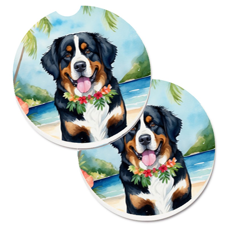 Bernese Mountain Dog Luau Car Coasters  Set of 2 - Absorbent Stone with Fun & Functional Artwork