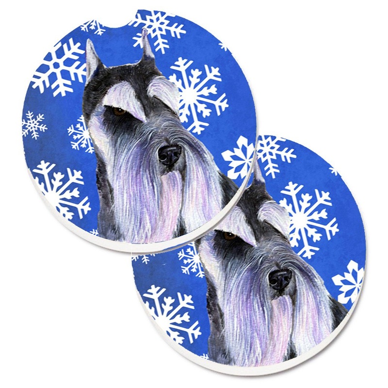 Schnauzer Winter Snowflakes Holiday Car Coasters  Set of 2 - Absorbent Stone with Fun & Functional Artwork SS4615CARC