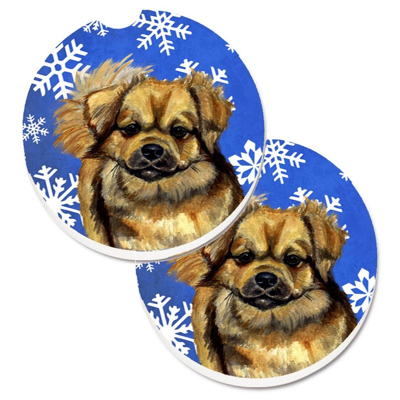 Tibetan Spaniel Winter Snowflakes Holiday Car Coasters  Set of 2 - Absorbent Stone with Fun & Functional Artwork LH9304CARC