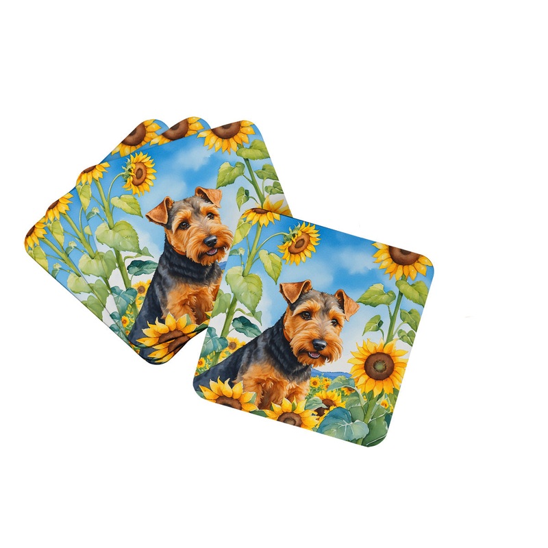 Welsh Terrier in Sunflowers Coasters - Set of 4 Lightweight Foam, Absorbent Drink Coasters