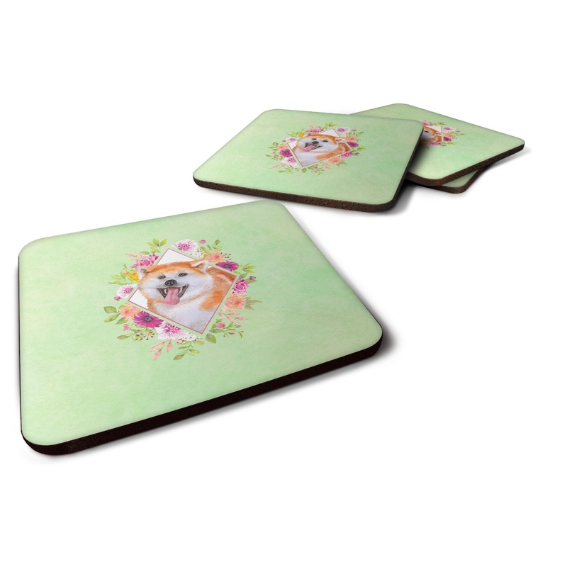 Akita Green Flowers Coasters - Set of 4 Lightweight Foam, Absorbent Drink Coasters  CK4271FC