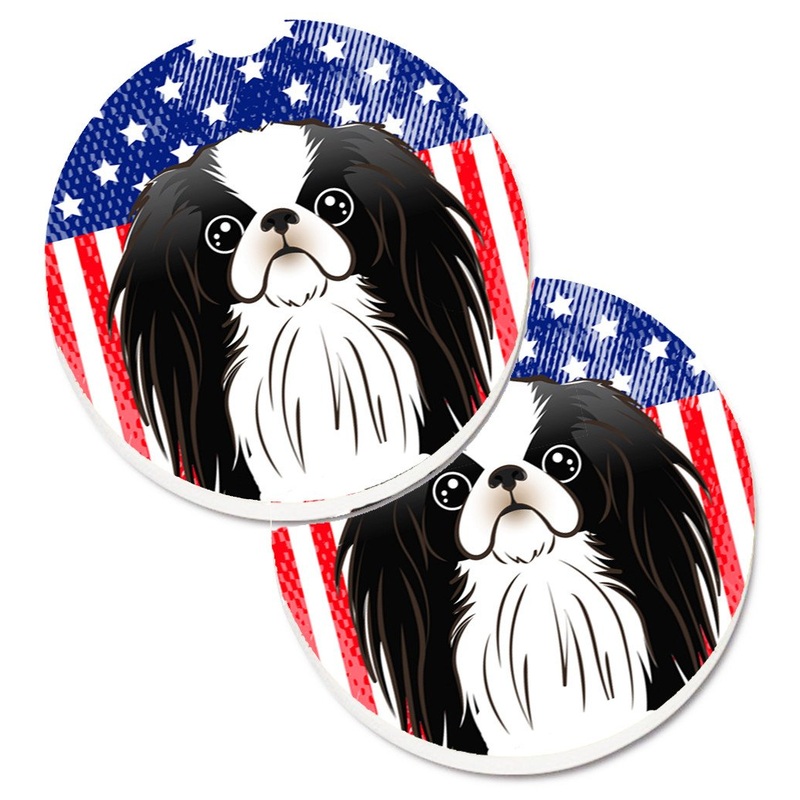 American Flag and Japanese Chin Car Coasters  Set of 2 - Absorbent Stone with Fun & Functional Artwork BB2160CARC