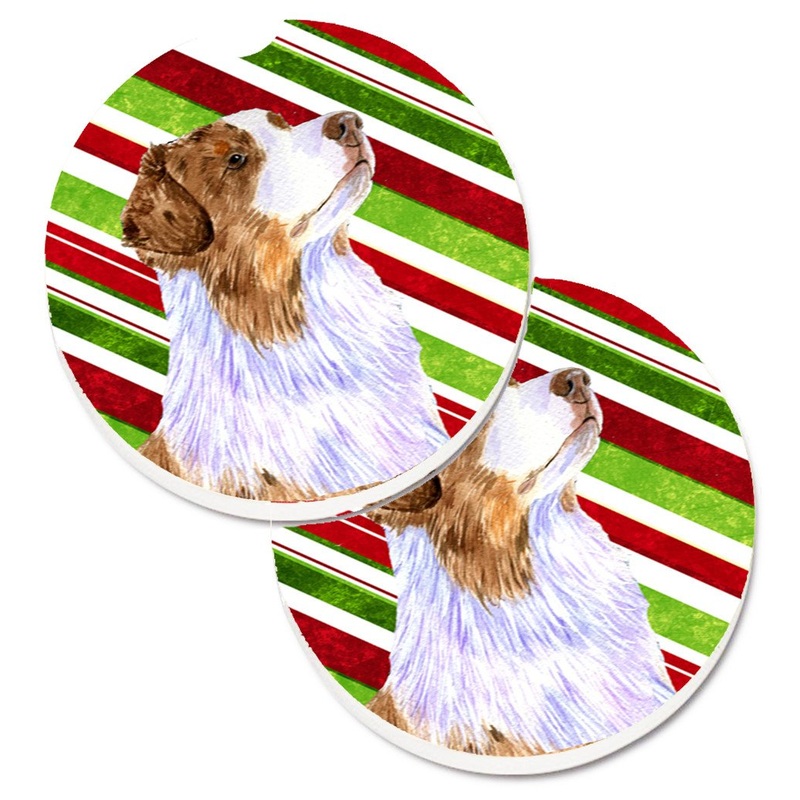 Australian Shepherd Candy Cane Holiday Christmas Car Coasters  Set of 2 - Absorbent Stone with Fun & Functional Artwork LH9228CARC