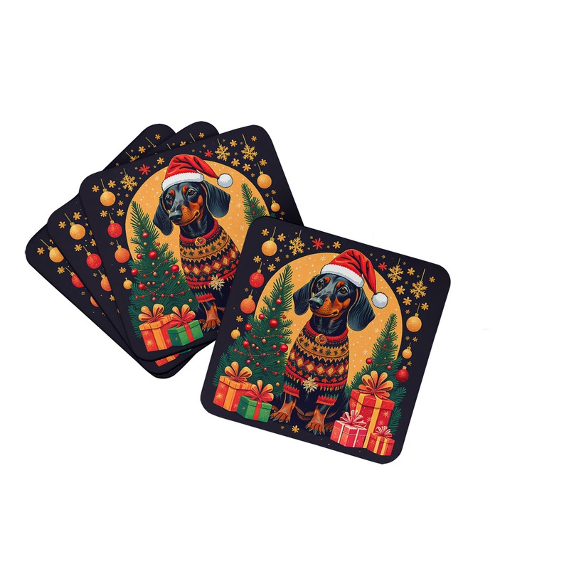Black and Tan Dachshund Christmas Coasters - Set of 4 Lightweight Foam, Absorbent Drink Coasters