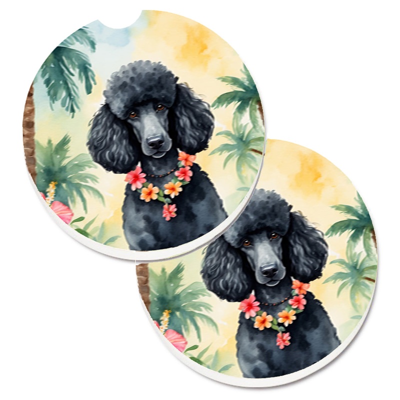 Black Poodle Luau Car Coasters  Set of 2 - Absorbent Stone with Fun & Functional Artwork