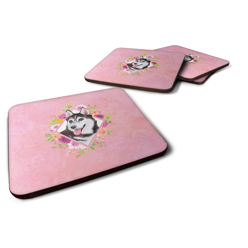 Siberian Husky #1 Pink Flowers Coasters - Set of 4 Lightweight Foam, Absorbent Drink Coasters  CK4151FC