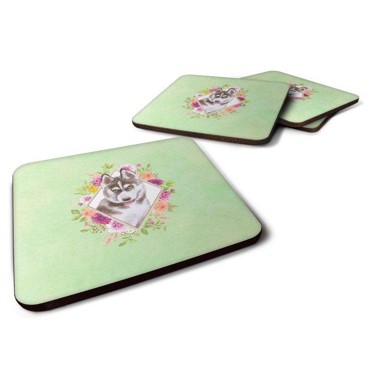 Siberian Husky #2 Green Flowers Coasters - Set of 4 Lightweight Foam, Absorbent Drink Coasters  CK4312FC