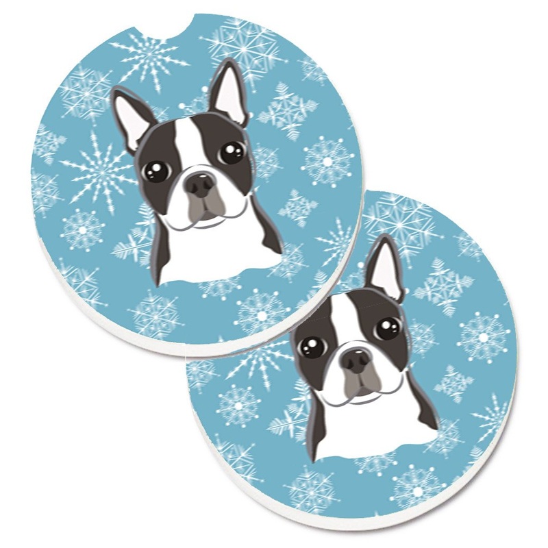 Snowflake Boston Terrier Car Coasters  Set of 2 - Absorbent Stone with Fun & Functional Artwork BB1637CARC