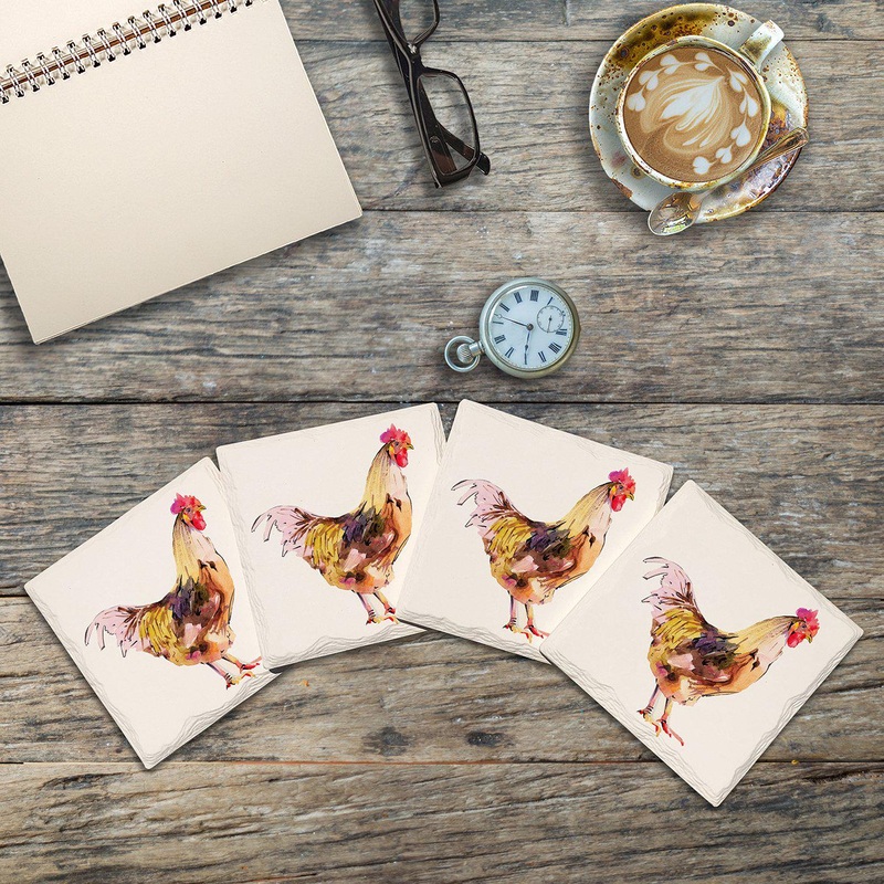 Watercolor Rooster | Drink Coaster Set of 4 | Absorbent Ridged Ceramic with Cork Backing