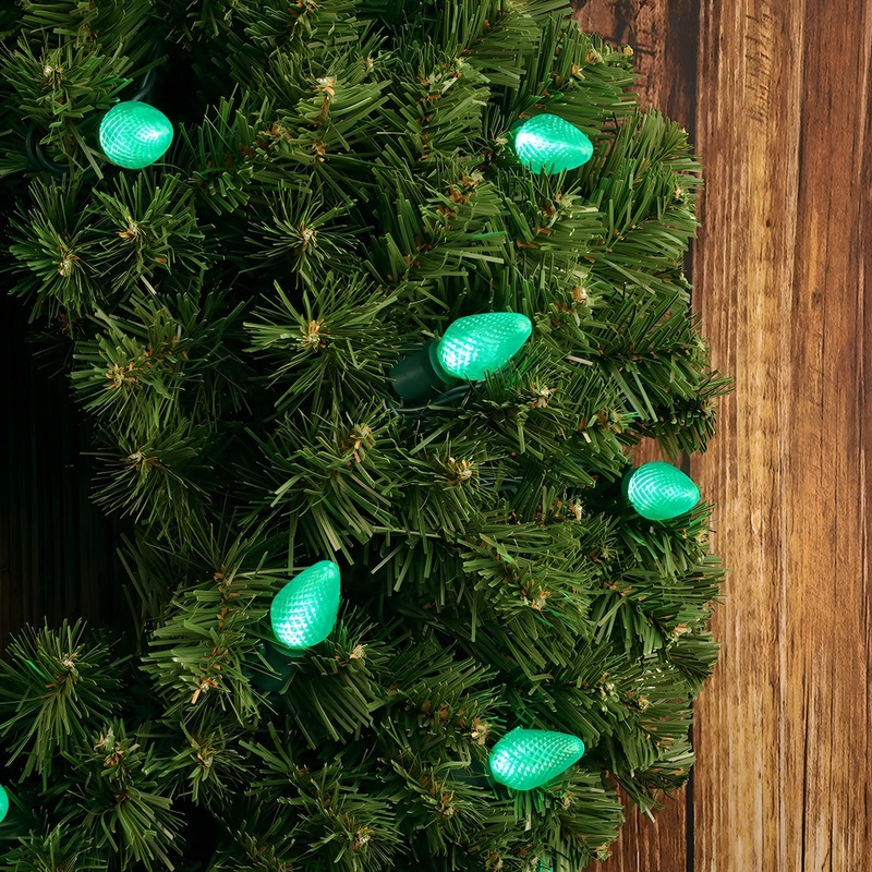 C7 Green LED Christmas Light Bulb String Light Set, Faceted, 8" Spacing, 25 Non Removable Bulbs