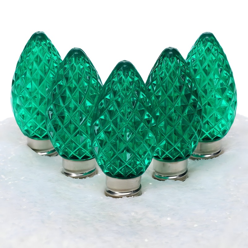 C7 Green ProCore LED Christmas Light Bulbs, Faceted, Pack of 25