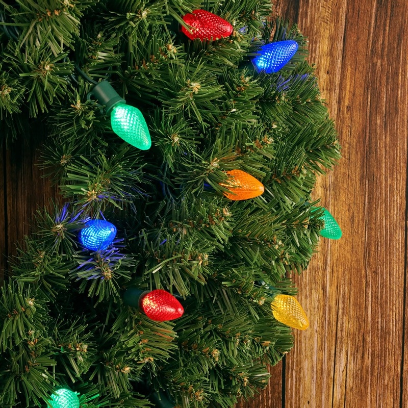 C7 Multicolor LED Christmas Light Bulb String Light Set, Faceted, 8" Spacing, 25 Non Removable Bulbs