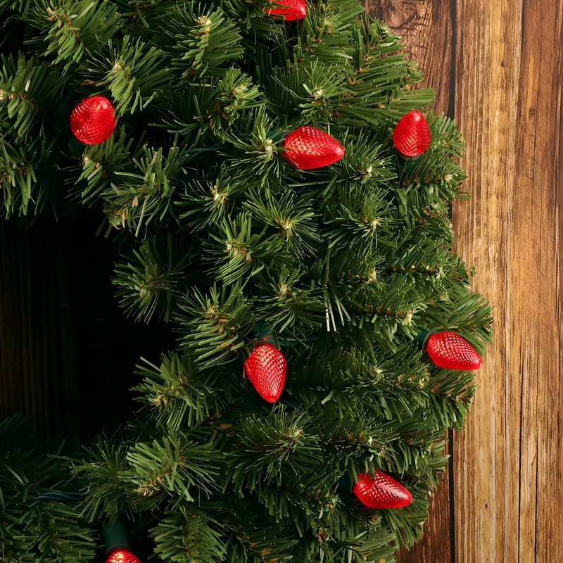 C7 Red LED Christmas Light Bulb String Light Set, Faceted, 8" Spacing, 25 Non Removable Bulbs
