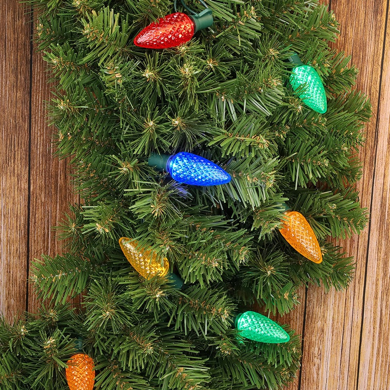 C9 Multicolor LED Christmas Light Bulb String Light Set, Faceted, 8" Spacing, 25 Non Removable Bulbs