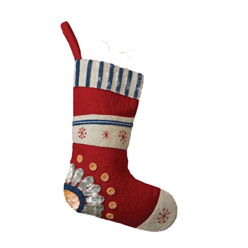 18"H Handmade Wool Felt Stocking w/ Embroidered Snowflakes & Flower