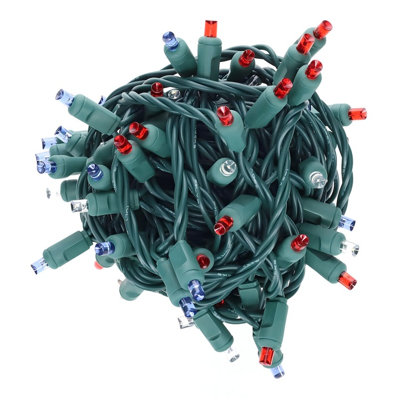 70 5mm Red, White and Blue LED Christmas Lights, 4" Spacing