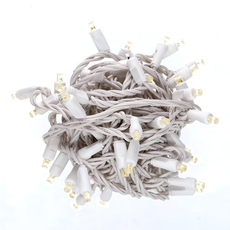 70 5mm Warm White LED Christmas Lights, 4" Spacing, White Wire