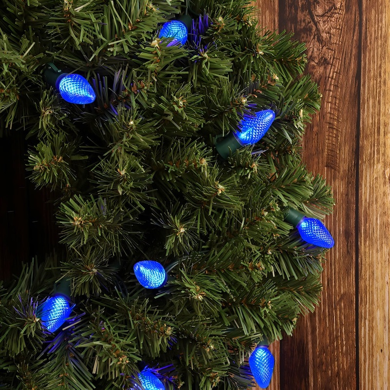C7 Blue LED Christmas Light Bulb String Light Set, Faceted, 8" Spacing, 25 Non Removable Bulbs
