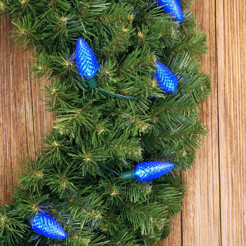 C9 Blue LED Christmas Light Bulb String Light Set, Faceted, 8" Spacing, 25 Non Removable Bulbs