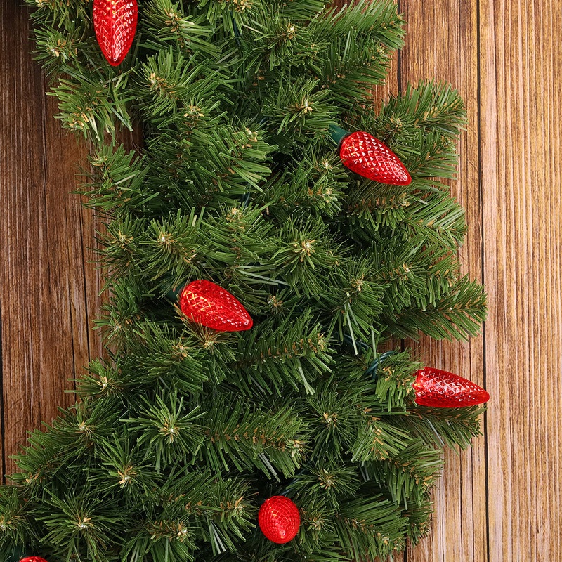 C9 Red LED Christmas Light Bulb String Light Set, Faceted, 8" Spacing, 25 Non Removable Bulbs
