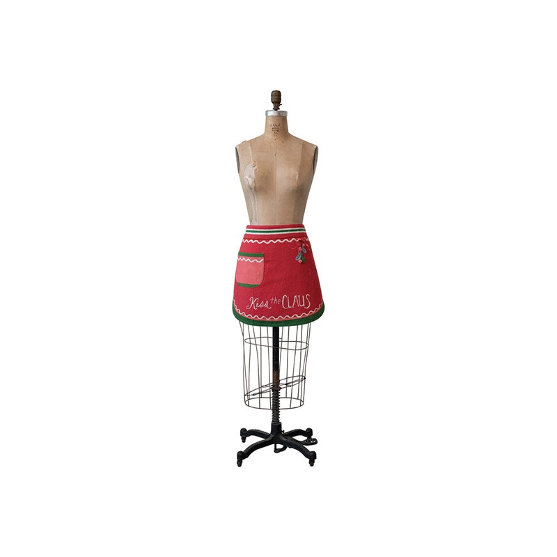 Cotton Slub Printed Half Apron w/ Embroidery, Holly, Pom Poms & Pocket  by Creative Co-Op