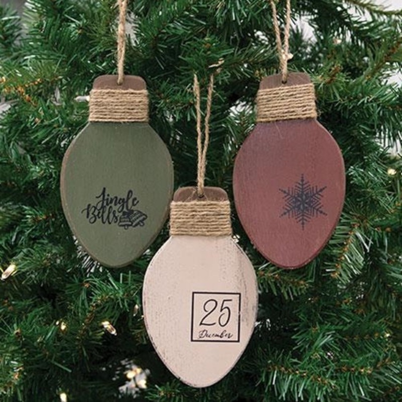 Distressed Wooden Christmas Light Ornament 3 Asstd.