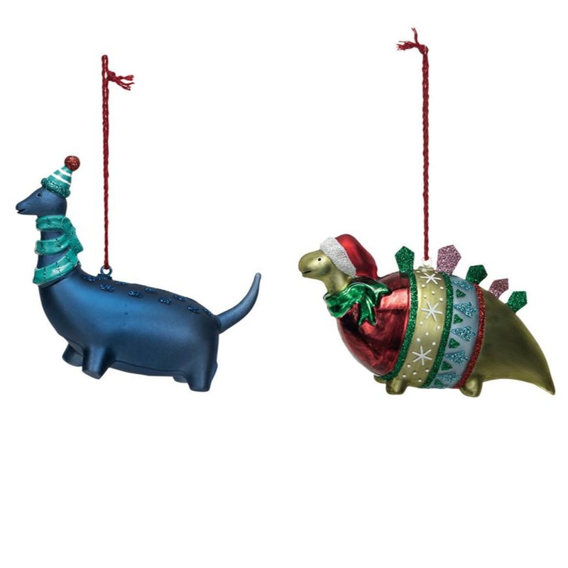 Glass Dinosaur w/ Glitter & Winter Clothes Ornament, 2 Styles