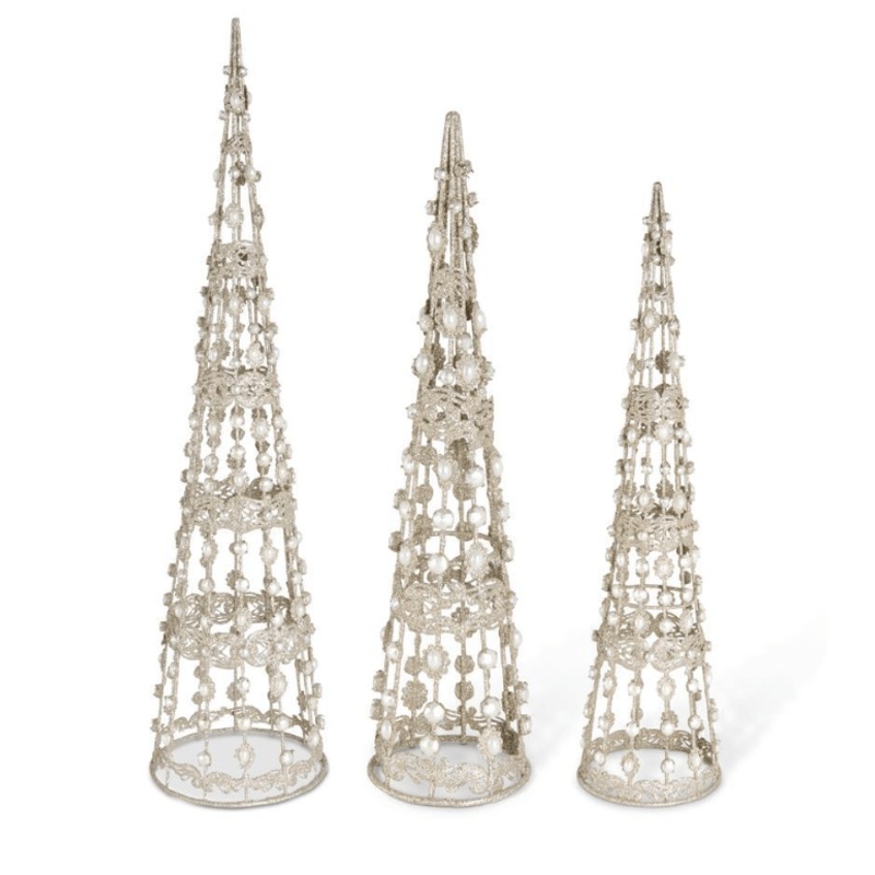 Set of 3 Champagne Filigree Wire Cone Trees with Pearls