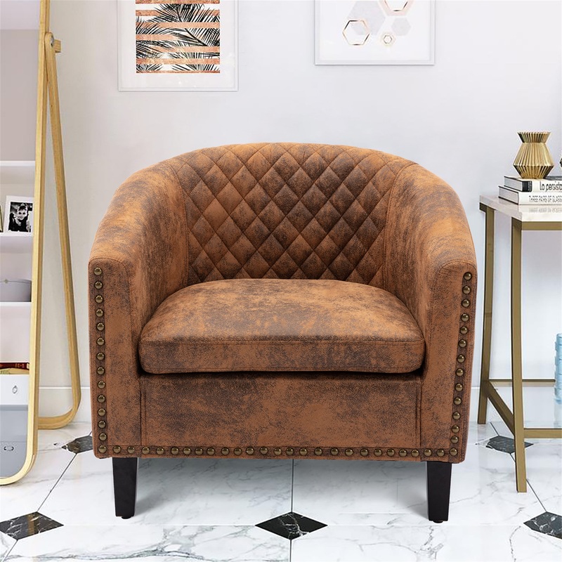 accent Barrel chair living room chair with nailheads and solid wood legs Light Coffee microfiber fabric