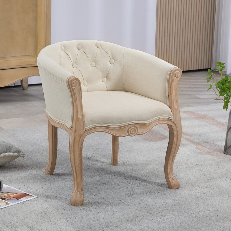 Accent Chair for Living Room Bedroom, French Country Chair with Carved Legs, Stylish Comfy Living Room Chair, Vintage Tufted Upholstered Chair for Home Office, Beige
