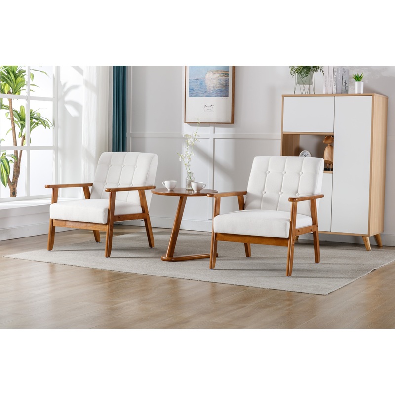 Accent Chairs Set of 2 with Side Table, Mid Century Modern Accent Chair, Wood and Fabric Armchairs Side Chair, Lounge Reading Comfy Arm Chair for Living Room, Bedroom, Office