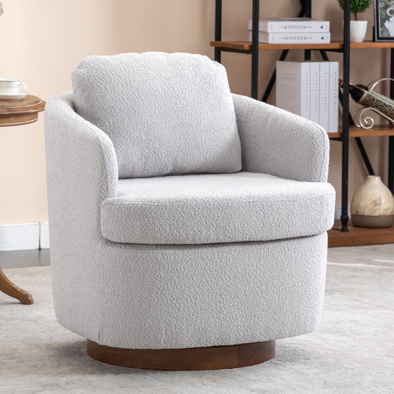 Boucle Fabric Swivel Accent Chair With Soild Wood Round Brown Base Leg,Light Gray