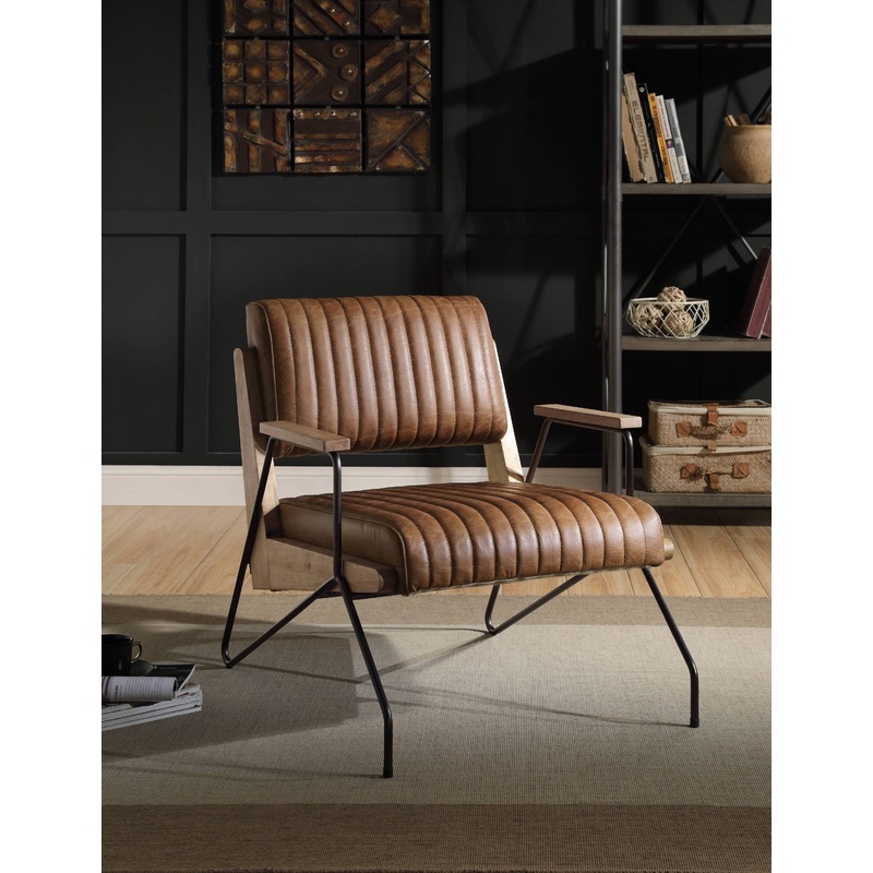 Eacnlz Accent Chair in Cocoa Top Grain Leather & Matt Iron Finish
