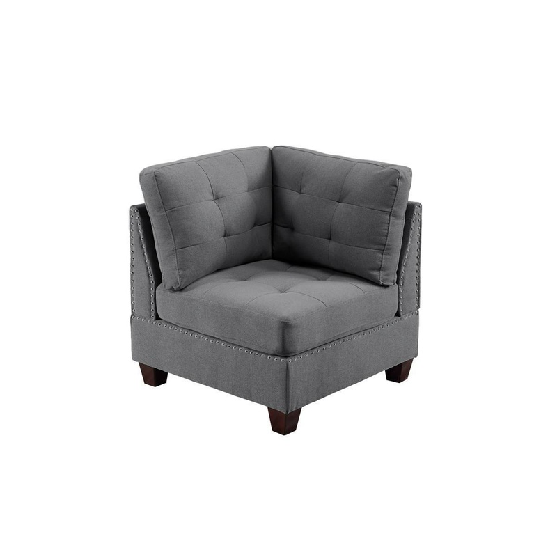 Living Room Furniture Tufted Corner Wedge Grey Linen Like Fabric 1pc Cushion Nail heads Wedge Sofa Wooden Legs